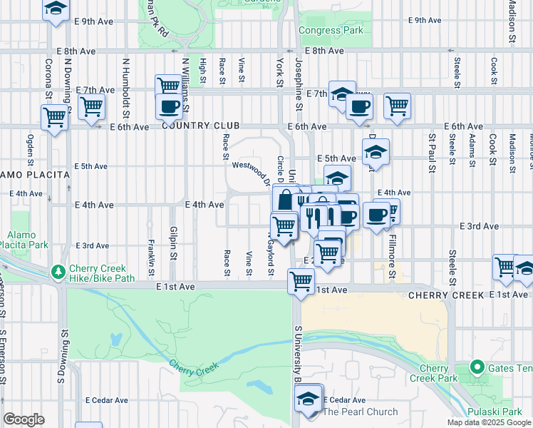 map of restaurants, bars, coffee shops, grocery stores, and more near 321 North Gaylord Street in Denver