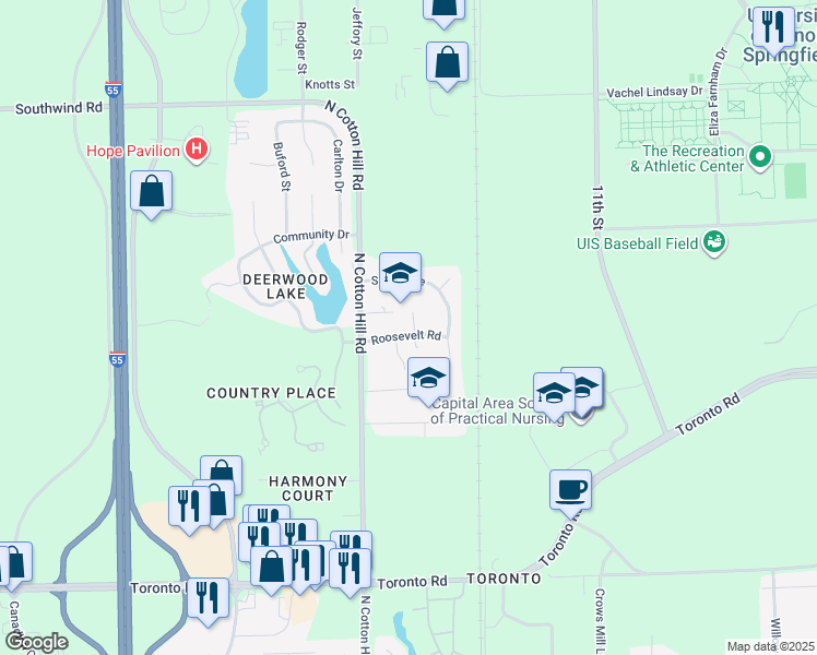 map of restaurants, bars, coffee shops, grocery stores, and more near 13 Roosevelt Road in Springfield