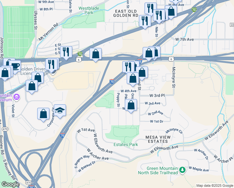 map of restaurants, bars, coffee shops, grocery stores, and more near 347 Poppy Street in Golden
