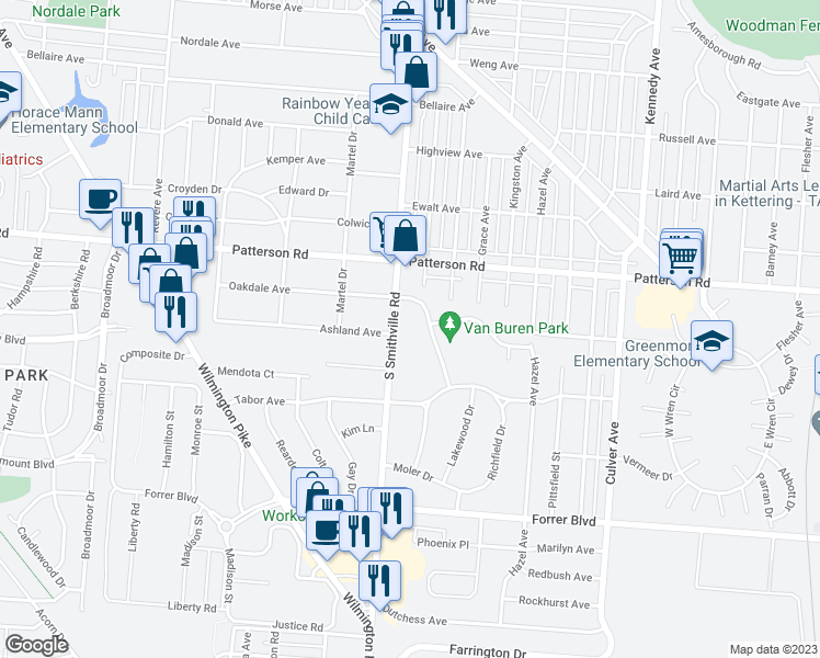map of restaurants, bars, coffee shops, grocery stores, and more near 3230 Smithville Road in Dayton