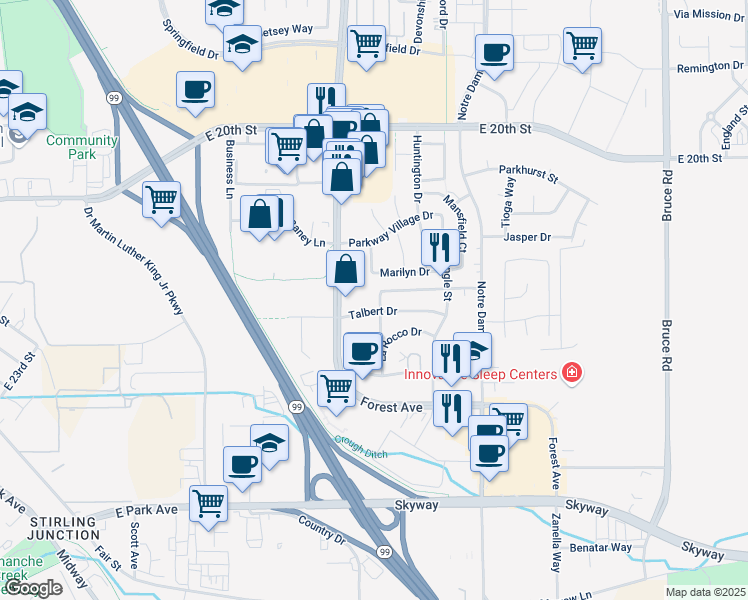 map of restaurants, bars, coffee shops, grocery stores, and more near 2195 Robailey Drive in Chico