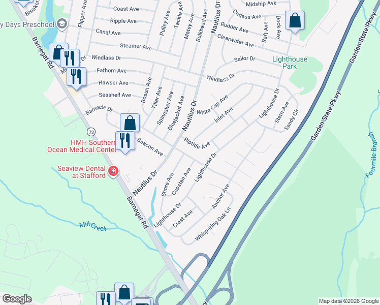 map of restaurants, bars, coffee shops, grocery stores, and more near 1054 Barnacle Drive in Stafford Township