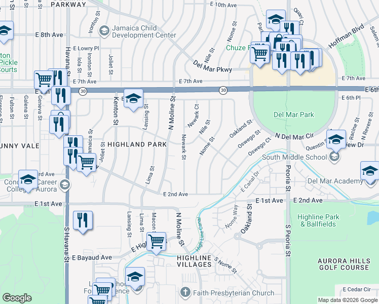 map of restaurants, bars, coffee shops, grocery stores, and more near 382 Newark Street in Aurora