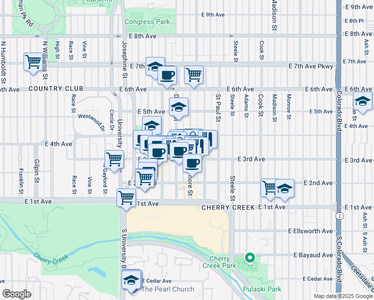 map of restaurants, bars, coffee shops, grocery stores, and more near 345 Fillmore Street in Denver