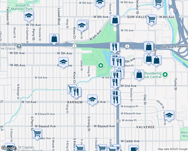 map of restaurants, bars, coffee shops, grocery stores, and more near 317 Hooker Street in Denver