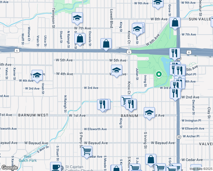 map of restaurants, bars, coffee shops, grocery stores, and more near 3641 West 3rd Avenue in Denver