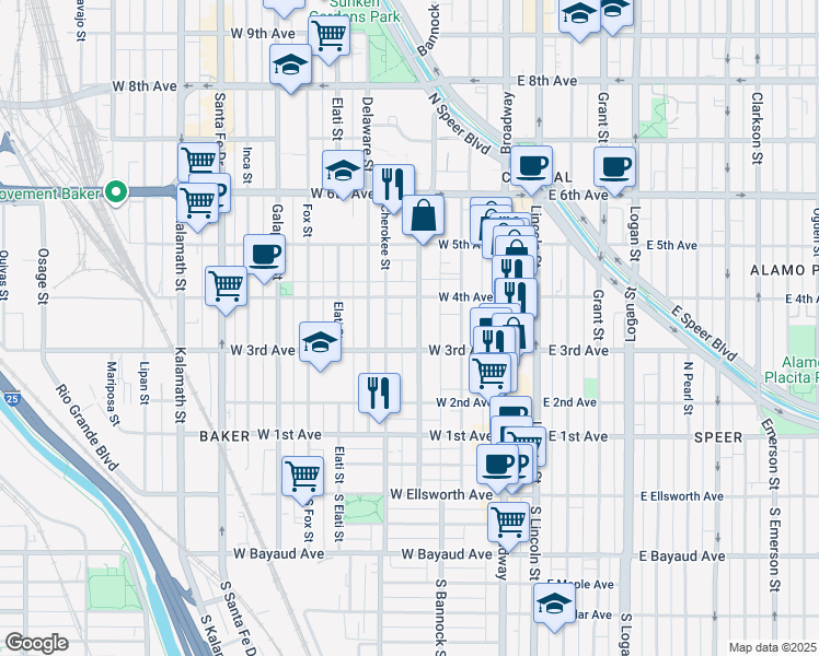 map of restaurants, bars, coffee shops, grocery stores, and more near 329 Bannock Street in Denver