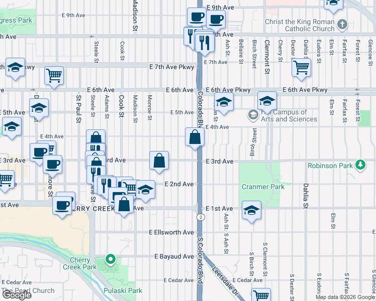 map of restaurants, bars, coffee shops, grocery stores, and more near 339 Harrison Street in Denver