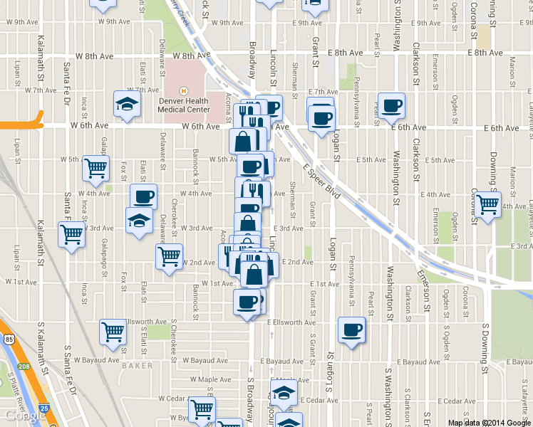 map of restaurants, bars, coffee shops, grocery stores, and more near 333 Lincoln Street in Denver