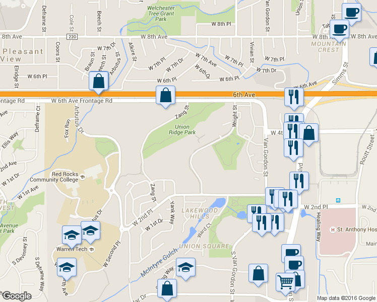 map of restaurants, bars, coffee shops, grocery stores, and more near 341 Wright Street in Lakewood