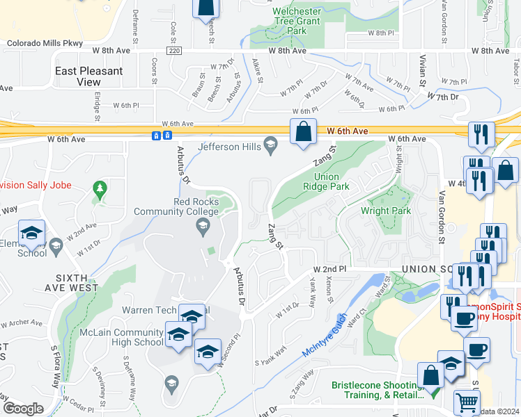 map of restaurants, bars, coffee shops, grocery stores, and more near 407 Zang Street in Lakewood