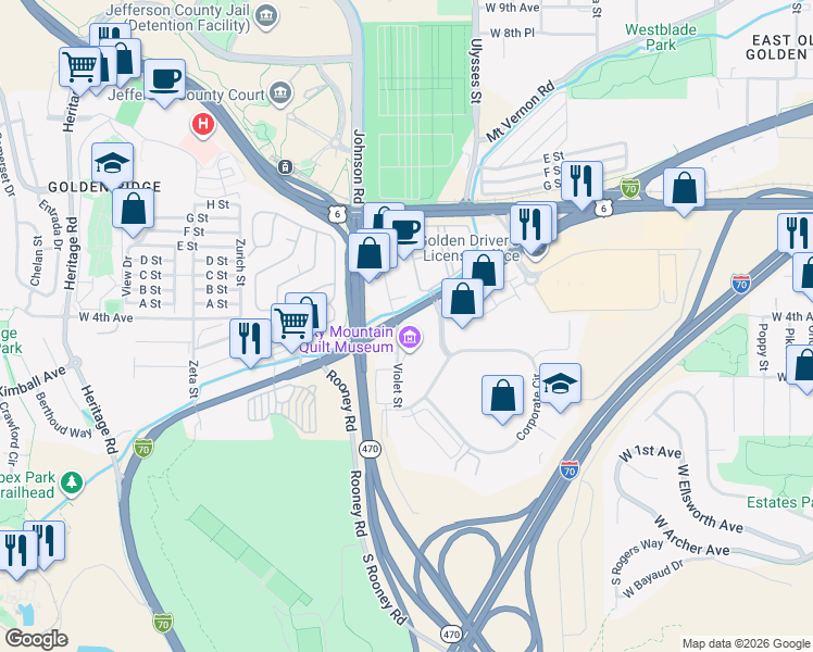 map of restaurants, bars, coffee shops, grocery stores, and more near 17270 West Colfax Avenue in Golden