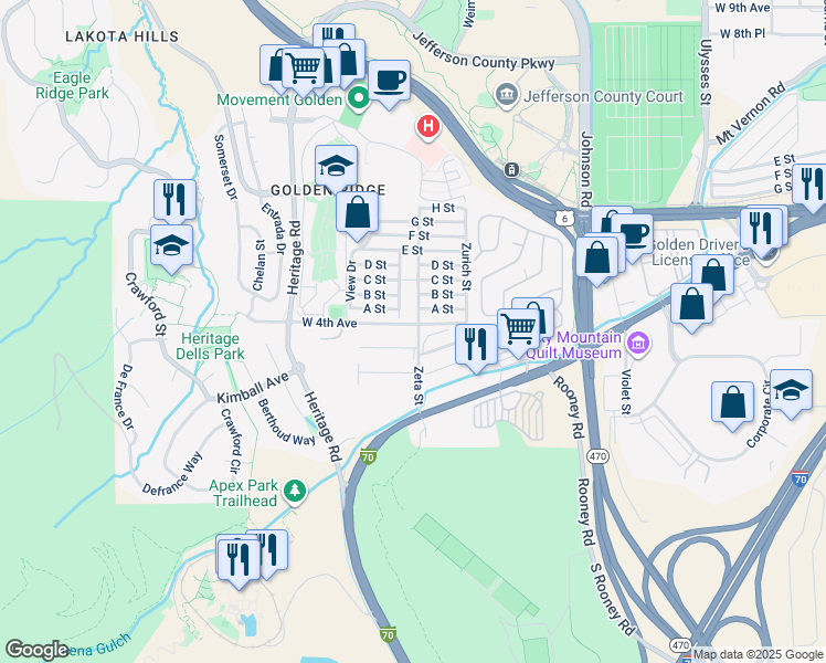 map of restaurants, bars, coffee shops, grocery stores, and more near 18210 West 4th Avenue in Golden