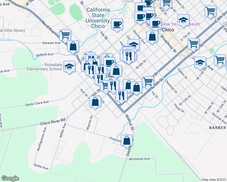 map of restaurants, bars, coffee shops, grocery stores, and more near 632 Cedar Street in Chico
