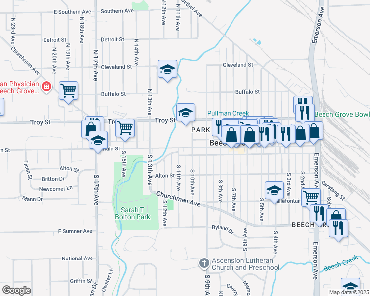 map of restaurants, bars, coffee shops, grocery stores, and more near 1015 Main Street in Beech Grove
