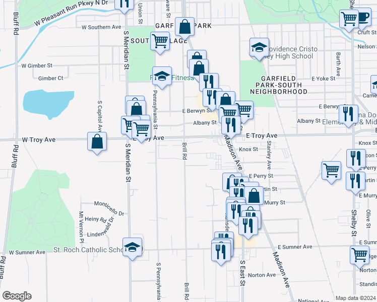 map of restaurants, bars, coffee shops, grocery stores, and more near 310 Teddy Lane in Indianapolis