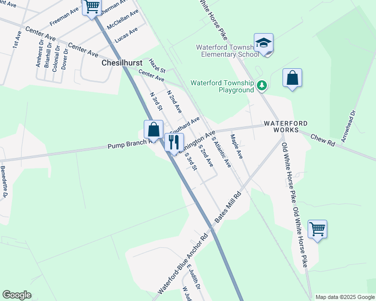 map of restaurants, bars, coffee shops, grocery stores, and more near 308 Pennington Avenue in Camden County