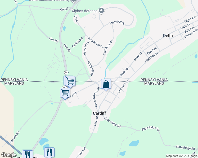 map of restaurants, bars, coffee shops, grocery stores, and more near 250 Dooley Road in Delta