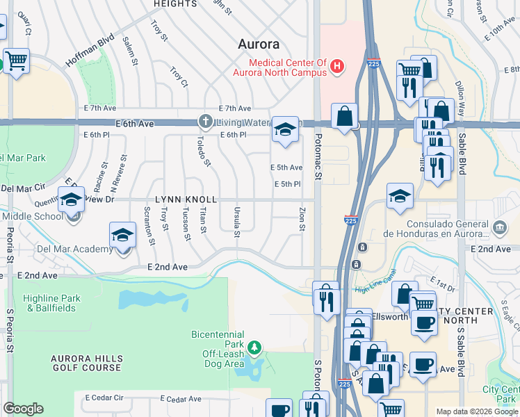 map of restaurants, bars, coffee shops, grocery stores, and more near 388 Uvalda Street in Aurora