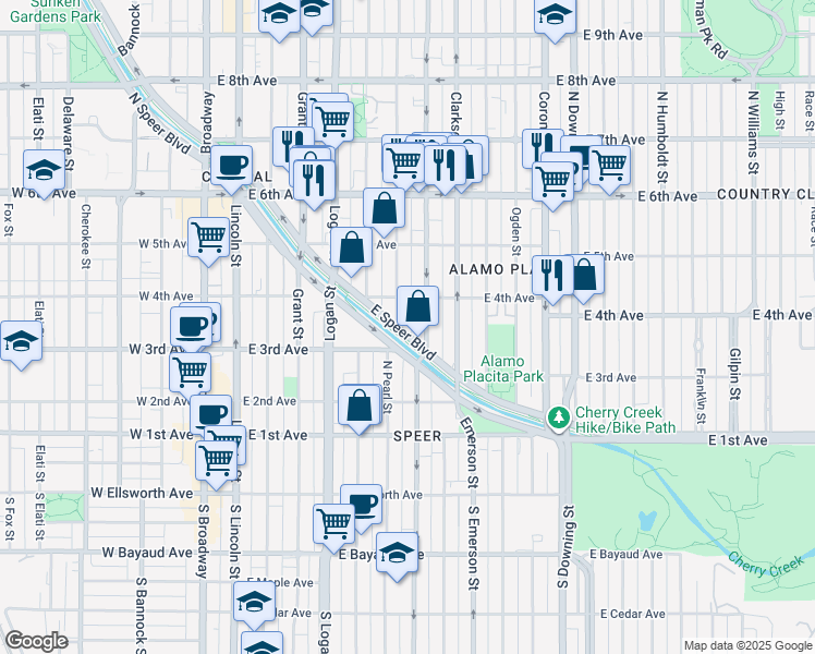 map of restaurants, bars, coffee shops, grocery stores, and more near 321 North Washington Street in Denver