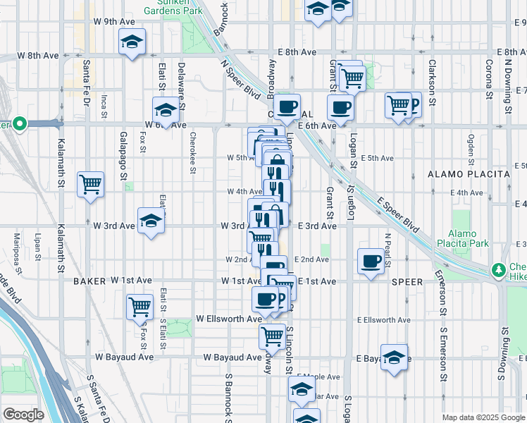map of restaurants, bars, coffee shops, grocery stores, and more near 333 Broadway in Denver