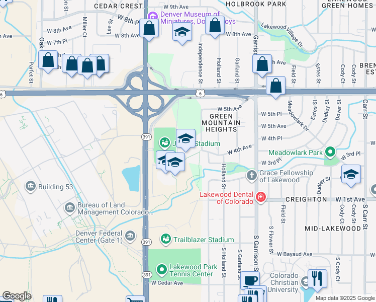 map of restaurants, bars, coffee shops, grocery stores, and more near 401 Independence Street in Lakewood