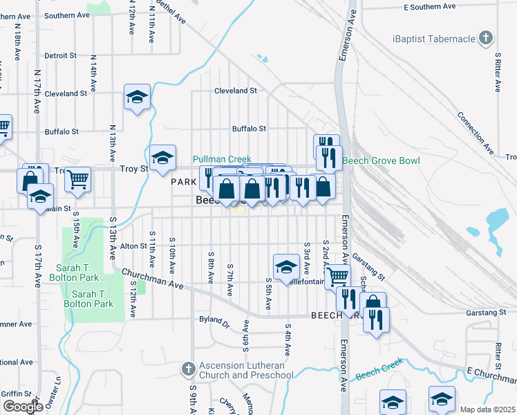 map of restaurants, bars, coffee shops, grocery stores, and more near 515 Main St in Beech Grove