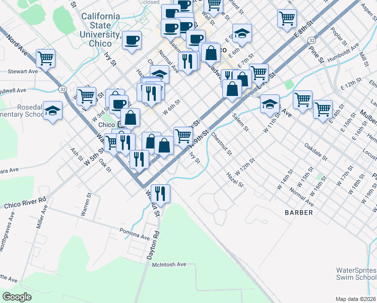 map of restaurants, bars, coffee shops, grocery stores, and more near 703 West 9th Street in Chico