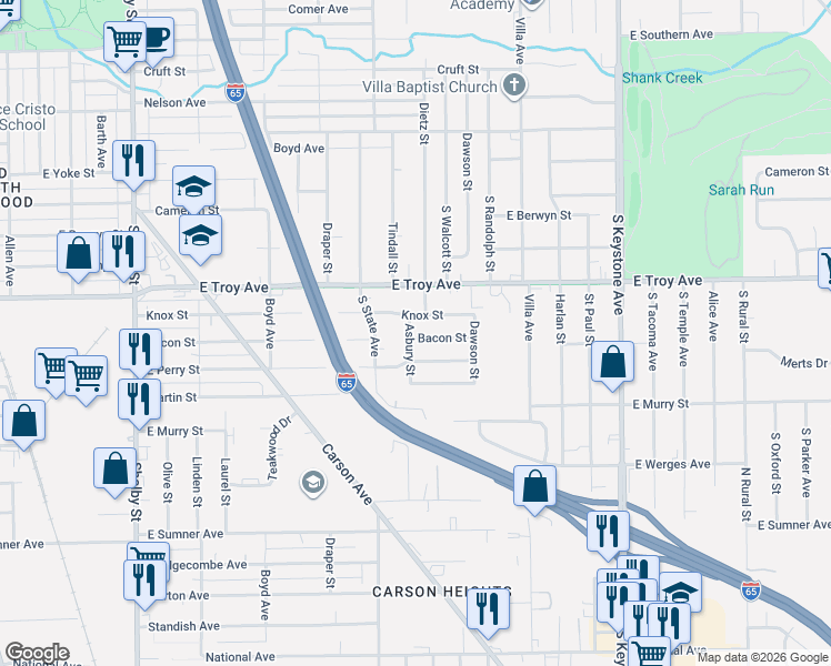 map of restaurants, bars, coffee shops, grocery stores, and more near 3051 Asbury Street in Indianapolis