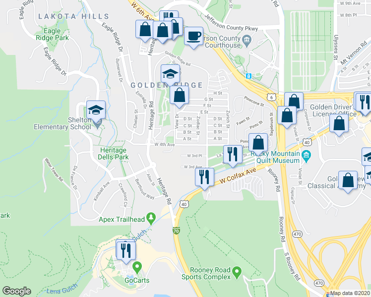 map of restaurants, bars, coffee shops, grocery stores, and more near 18234 West 4th Avenue in Golden
