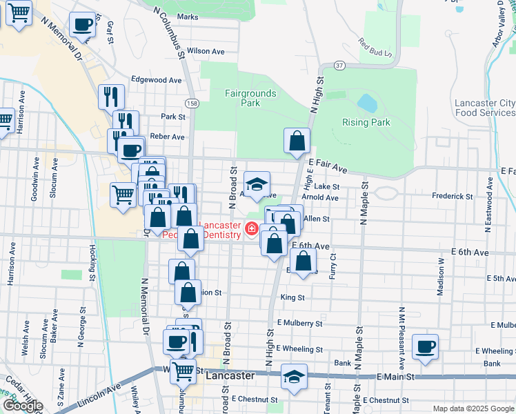 map of restaurants, bars, coffee shops, grocery stores, and more near 712 North Broad Street in Lancaster