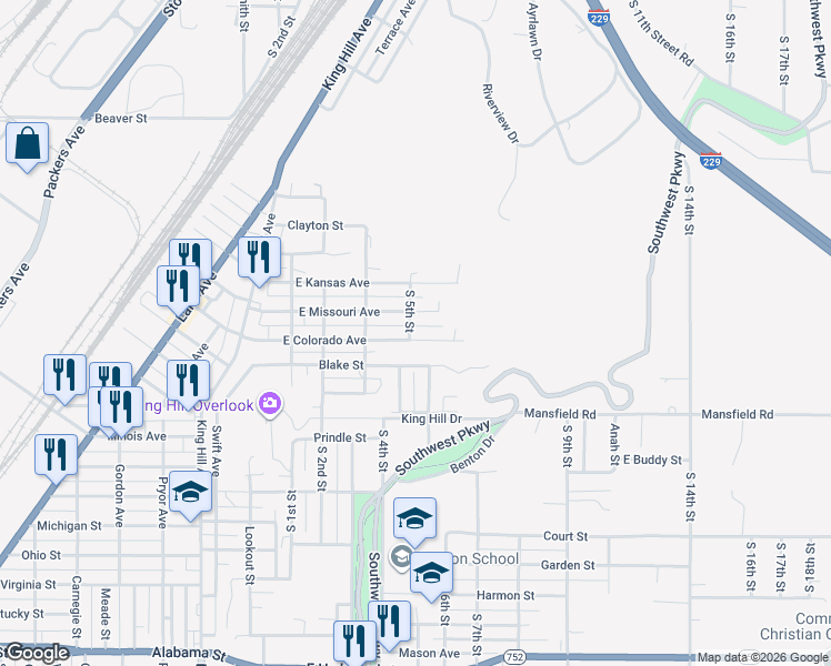map of restaurants, bars, coffee shops, grocery stores, and more near 601 East Colorado Avenue in Saint Joseph