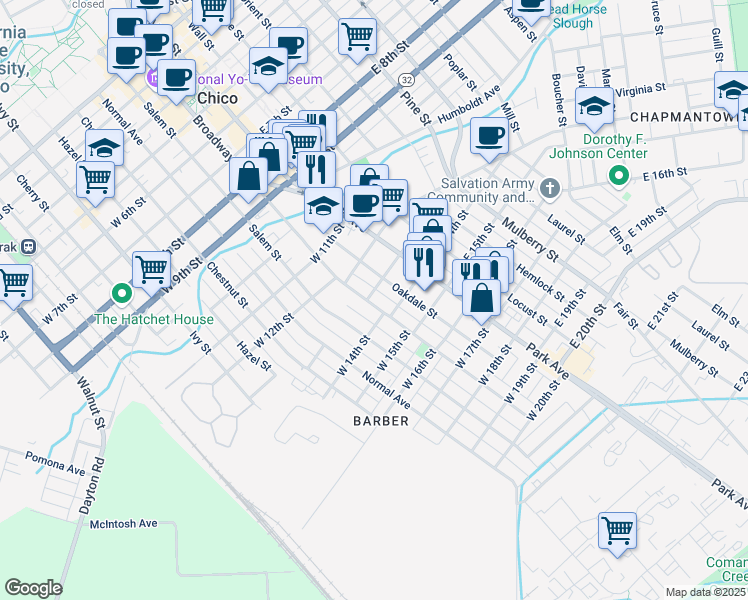 map of restaurants, bars, coffee shops, grocery stores, and more near 1301A Broadway Street in Chico