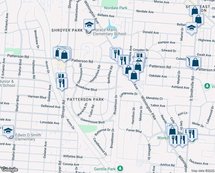 map of restaurants, bars, coffee shops, grocery stores, and more near 1137 Broadview Boulevard in Dayton