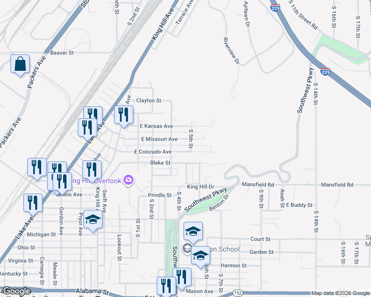 map of restaurants, bars, coffee shops, grocery stores, and more near 601 East Colorado Avenue in Saint Joseph