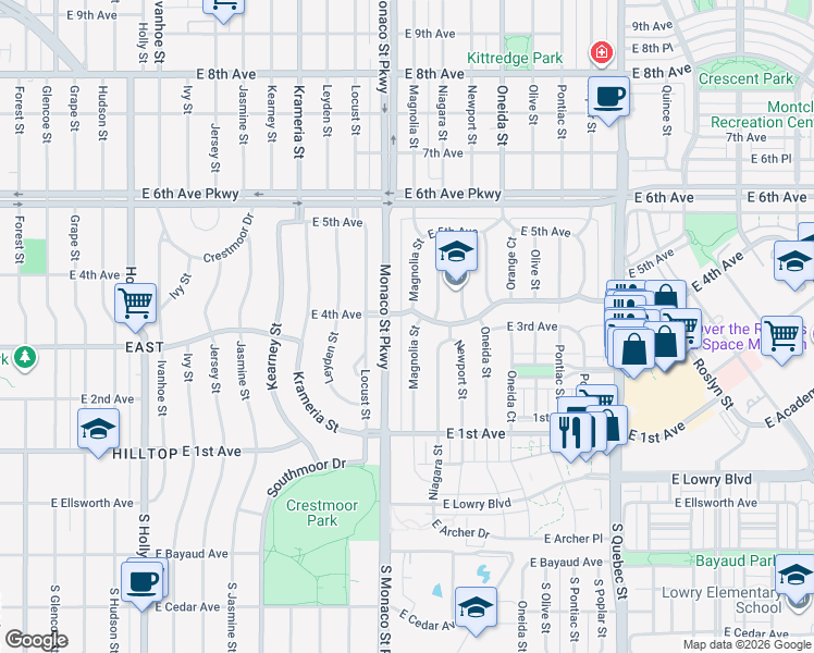 map of restaurants, bars, coffee shops, grocery stores, and more near 291 Magnolia Street in Denver
