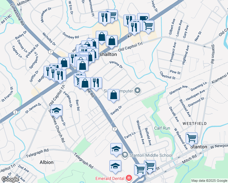 map of restaurants, bars, coffee shops, grocery stores, and more near 4523 Shady Drive in Wilmington