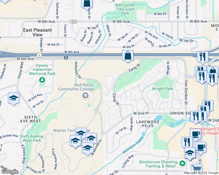 map of restaurants, bars, coffee shops, grocery stores, and more near 409 Zang Street in Lakewood