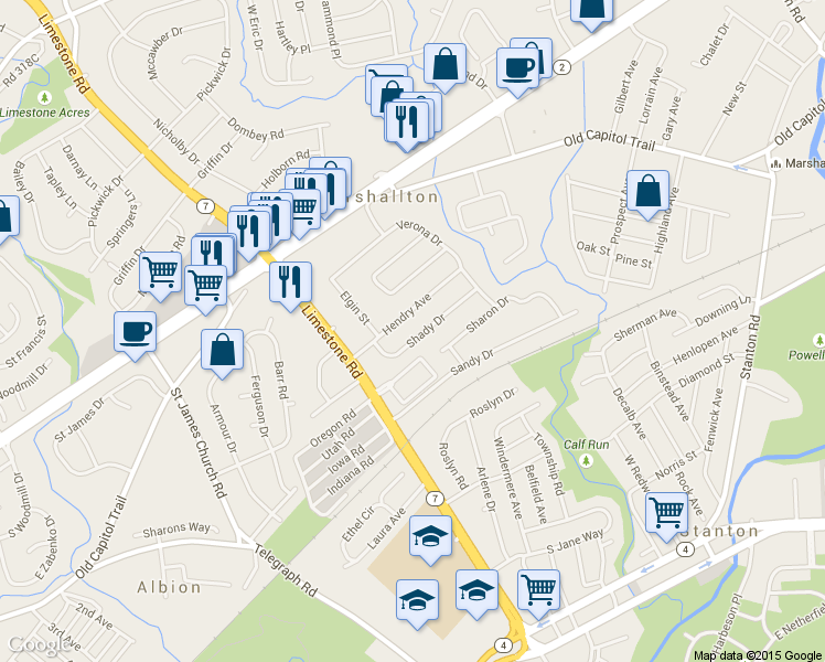 map of restaurants, bars, coffee shops, grocery stores, and more near 4523 Shady Drive in Wilmington