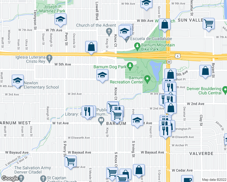 map of restaurants, bars, coffee shops, grocery stores, and more near 301 Knox Court in Denver