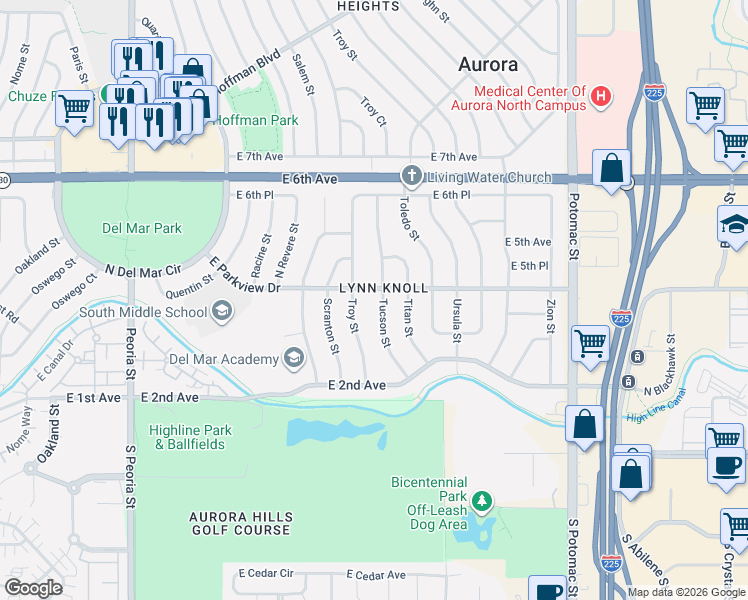 map of restaurants, bars, coffee shops, grocery stores, and more near 387 Tucson Street in Aurora