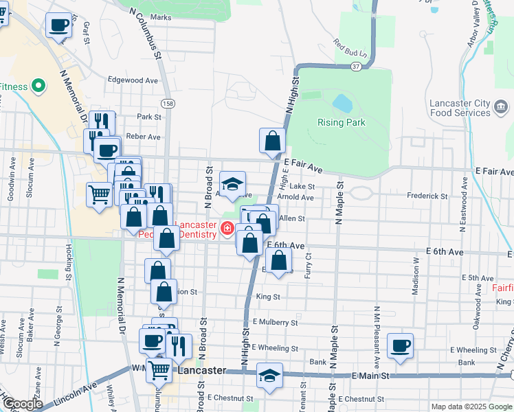 map of restaurants, bars, coffee shops, grocery stores, and more near 721 High West in Lancaster