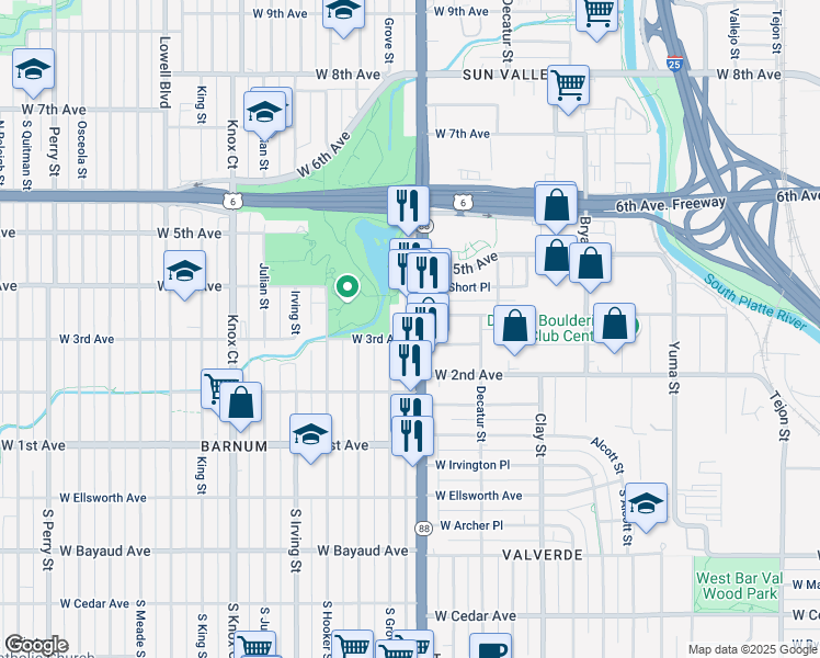 map of restaurants, bars, coffee shops, grocery stores, and more near 303 Federal Boulevard in Denver
