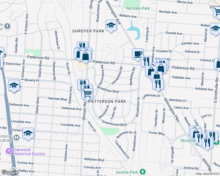 map of restaurants, bars, coffee shops, grocery stores, and more near 1011 Broadview Boulevard in Dayton