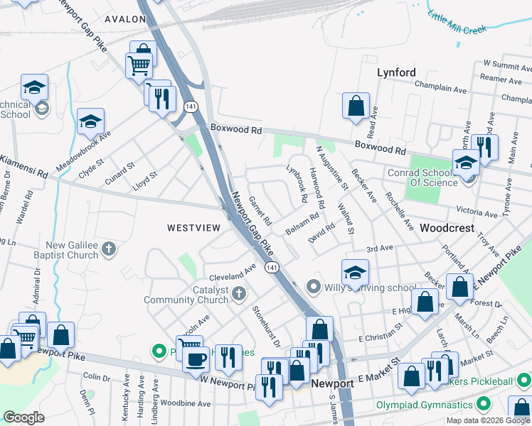 map of restaurants, bars, coffee shops, grocery stores, and more near 705 Garnet Road in Wilmington