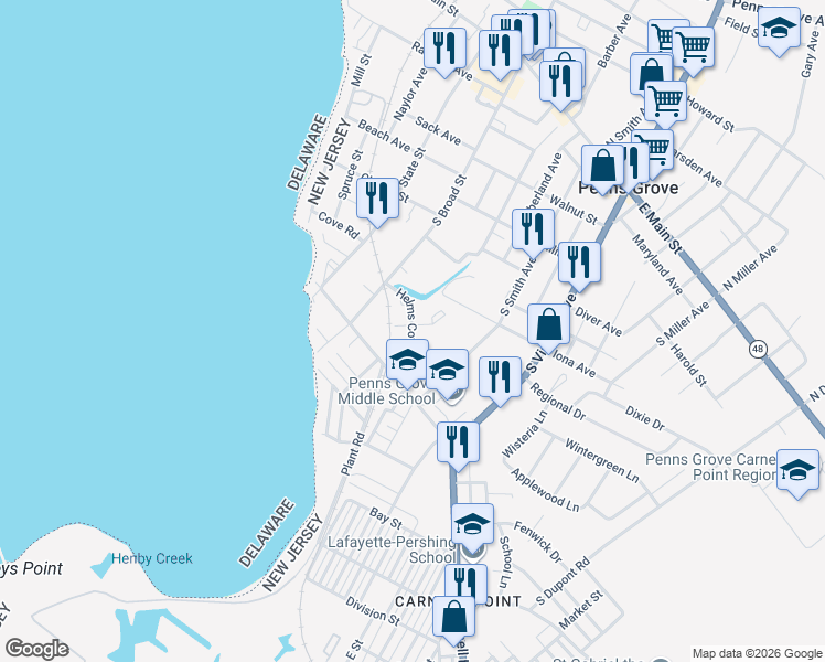 map of restaurants, bars, coffee shops, grocery stores, and more near 1 Helms Cove Lane in Penns Grove