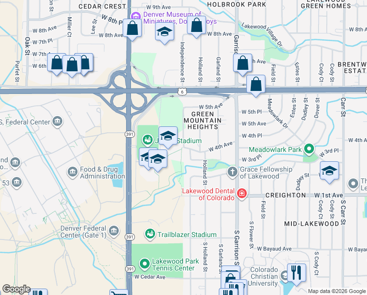 map of restaurants, bars, coffee shops, grocery stores, and more near 401 Independence Street in Lakewood