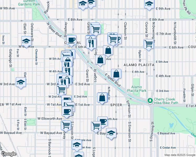 map of restaurants, bars, coffee shops, grocery stores, and more near 500 Speer Boulevard in Denver