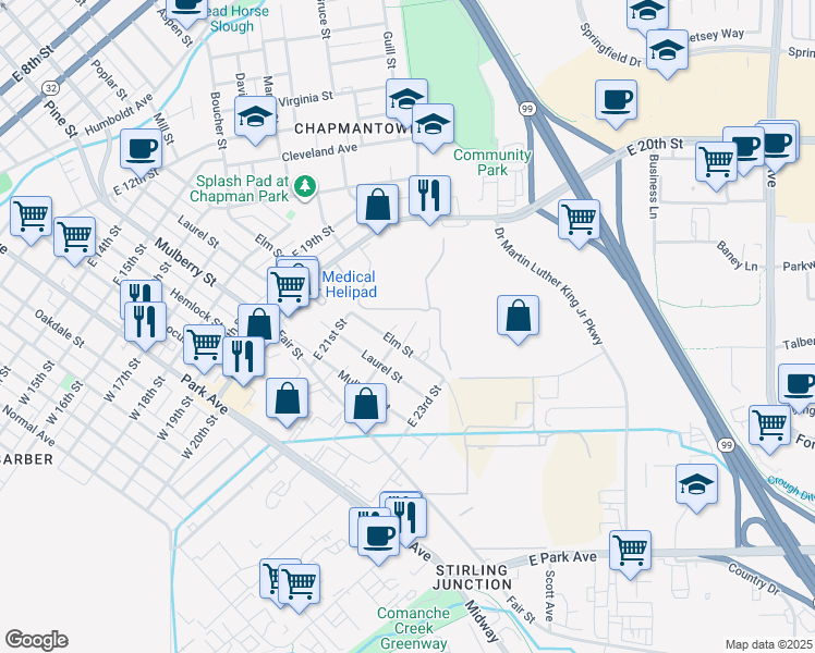 map of restaurants, bars, coffee shops, grocery stores, and more near 2159 Elm Street in Chico