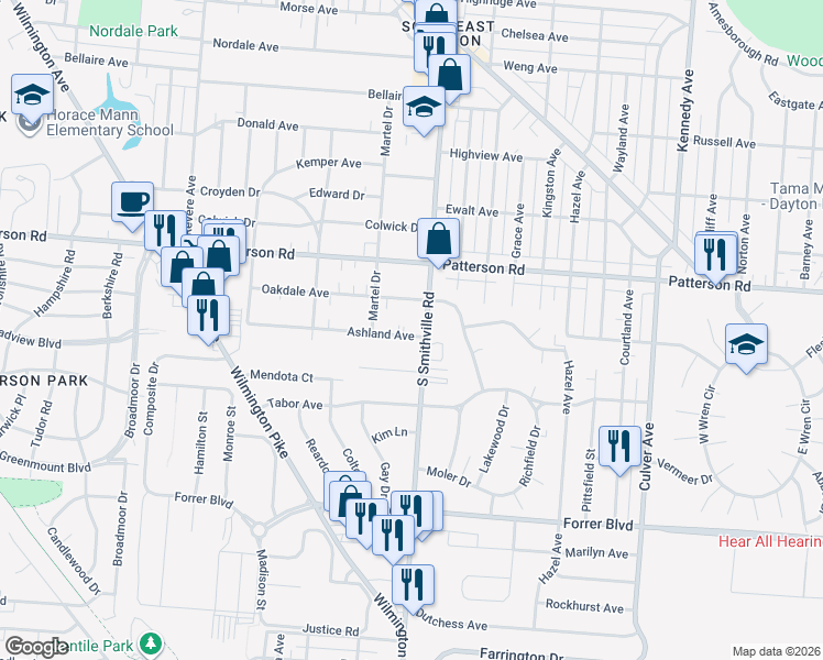 map of restaurants, bars, coffee shops, grocery stores, and more near 1343 Ashland Ave in Dayton